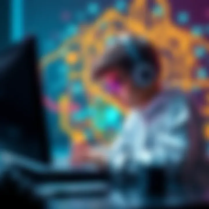 A young coder focused on a laptop with AI graphics in the background, symbolizing innovation in crypto technology