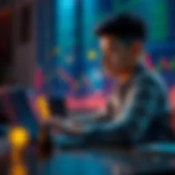 A young person sitting at a desk looking at a laptop with Bitcoin symbols and charts on the screen, pondering their investment decision.