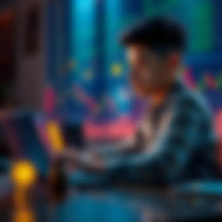 A young person sitting at a desk looking at a laptop with Bitcoin symbols and charts on the screen, pondering their investment decision.