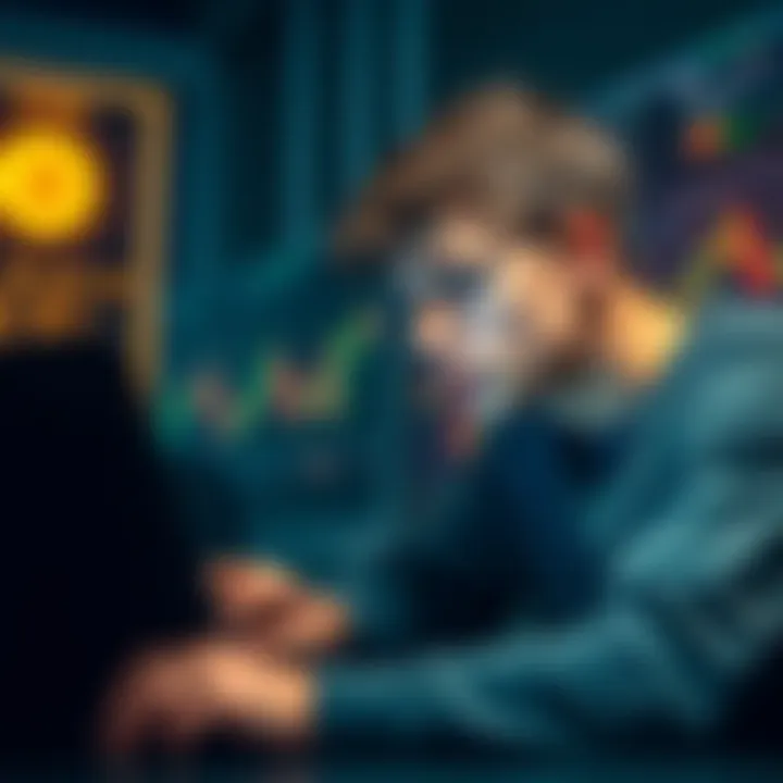 An 18-year-old man examining Bitcoin price charts on his laptop, contemplating whether to sell or hold his investment.