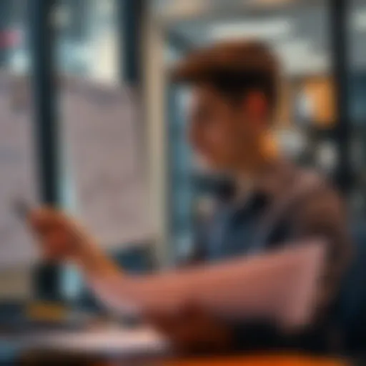 A young man analyzing investment charts and planning financial strategies in a modern office.
