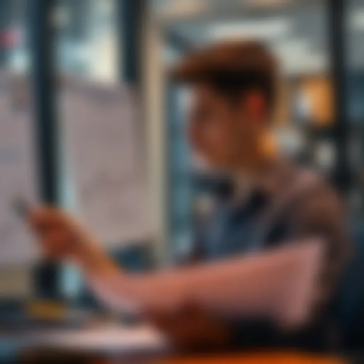 A young man analyzing investment charts and planning financial strategies in a modern office.