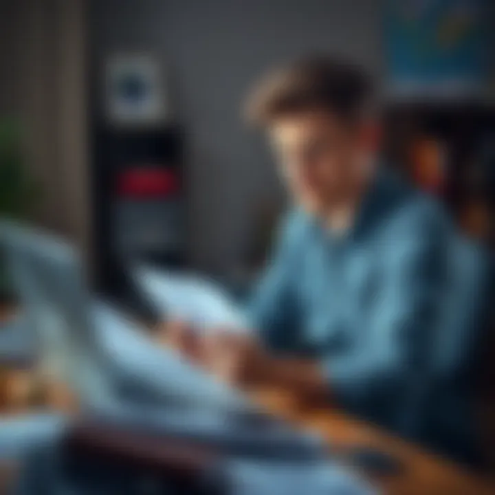 A 24-year-old man sitting at a desk, looking worried while checking his investment results on a laptop, with financial documents scattered around him.