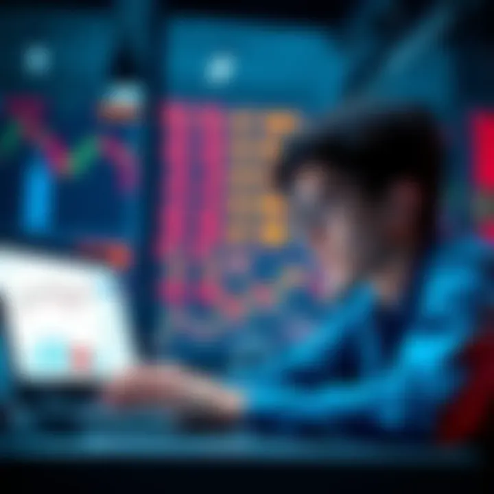 A young person looking at a laptop with charts and graphs related to crypto and stocks, pondering investment choices.