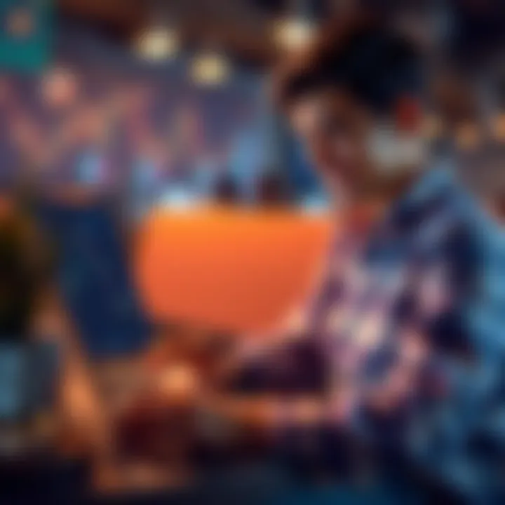 Confident young investor with laptop A young man smiling while looking at his laptop screen, showing charts and graphs related to XLM investments.