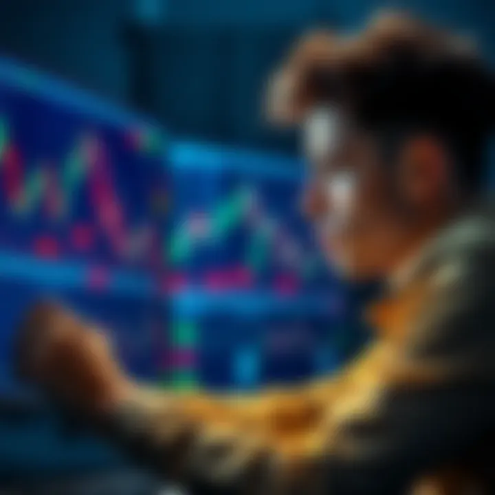 A worried young man looking at a computer screen with charts and cryptocurrency logos, showing distress after losing money to a trading bot scam.