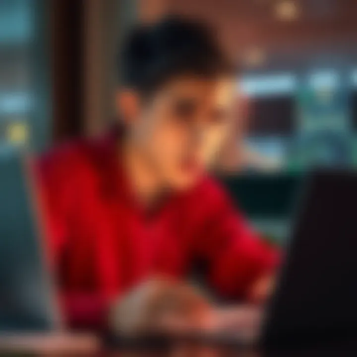 A young man looking distressed while checking his cryptocurrency investments on a laptop, representing a loss in a trading bot scam