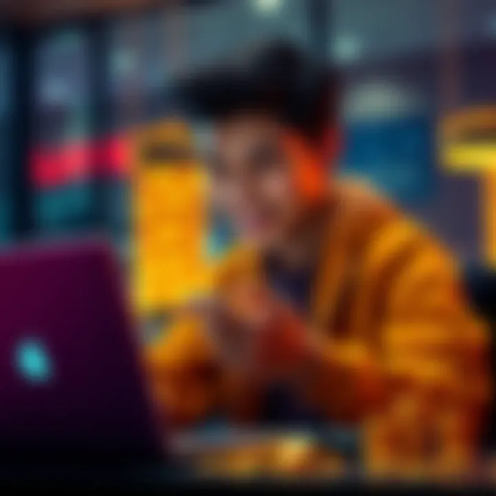A young person analyzing meme coins on a laptop, looking excited about potential profits.