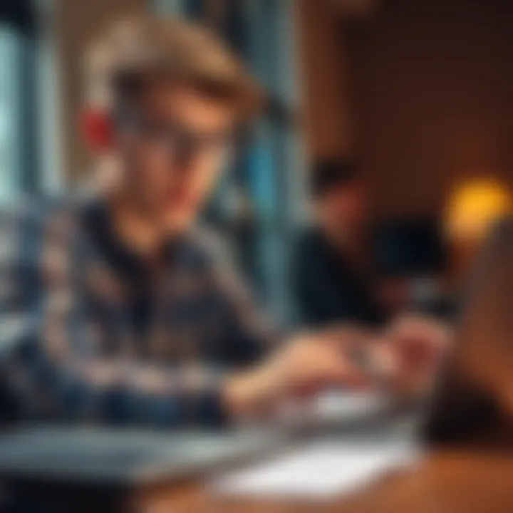 An 18-year-old looking at investment options on a laptop with a notepad and calculator.