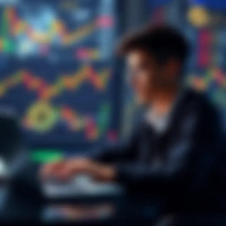 A young investor looking at stock market charts and Bitcoin prices, analyzing their investment strategy on a laptop.