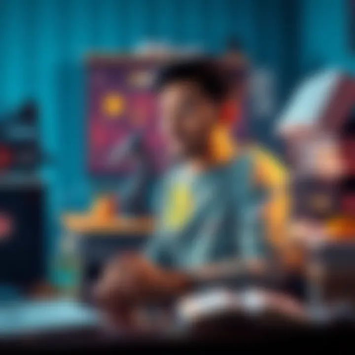 A 20-year-old man sits at a desk surrounded by Bitcoin mining equipment and financial books, contemplating his past and future in cryptocurrency.