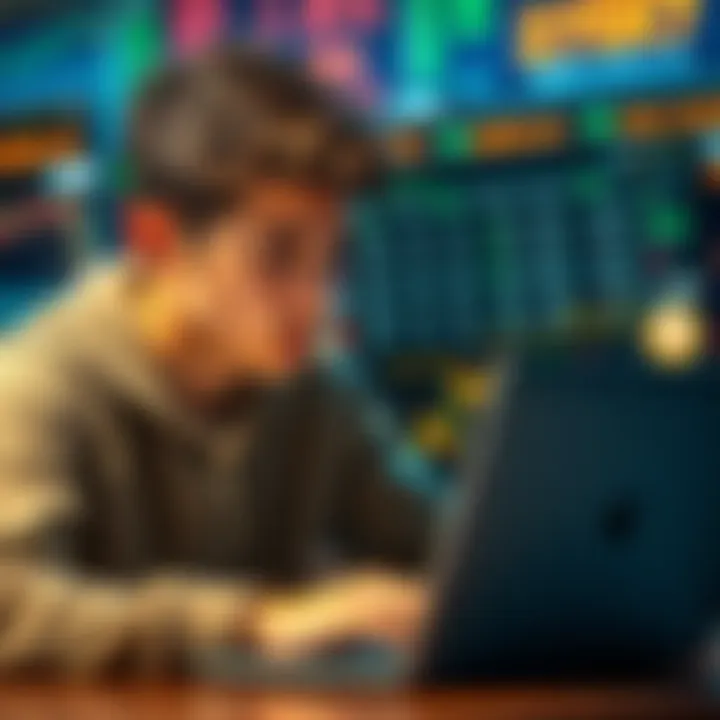 A 20-year-old man looking at stock market data on a laptop, with beef jerky packages in the background, symbolizing his past business venture and new investment strategy in Bitcoin.