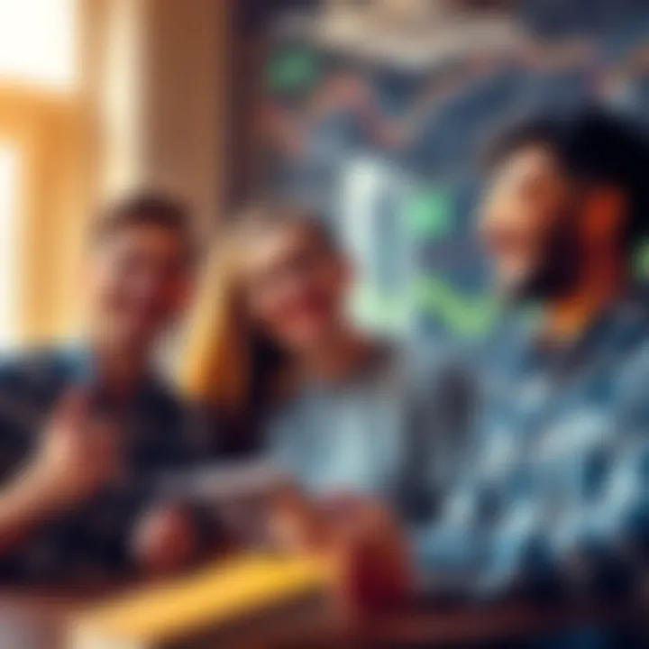 Group of young people smiling and discussing their stock gains in a casual setting