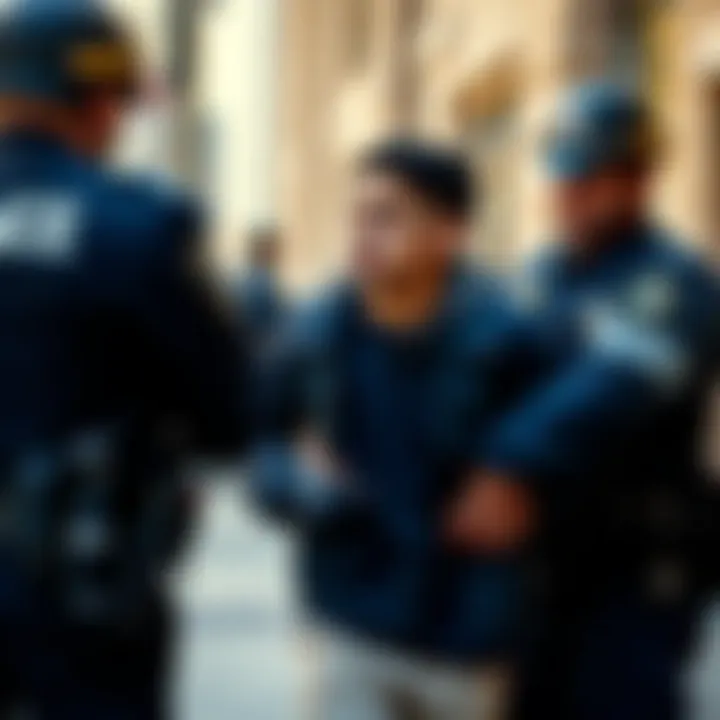 A young man is seen being held back by police officers during an arrest situation outside a building.