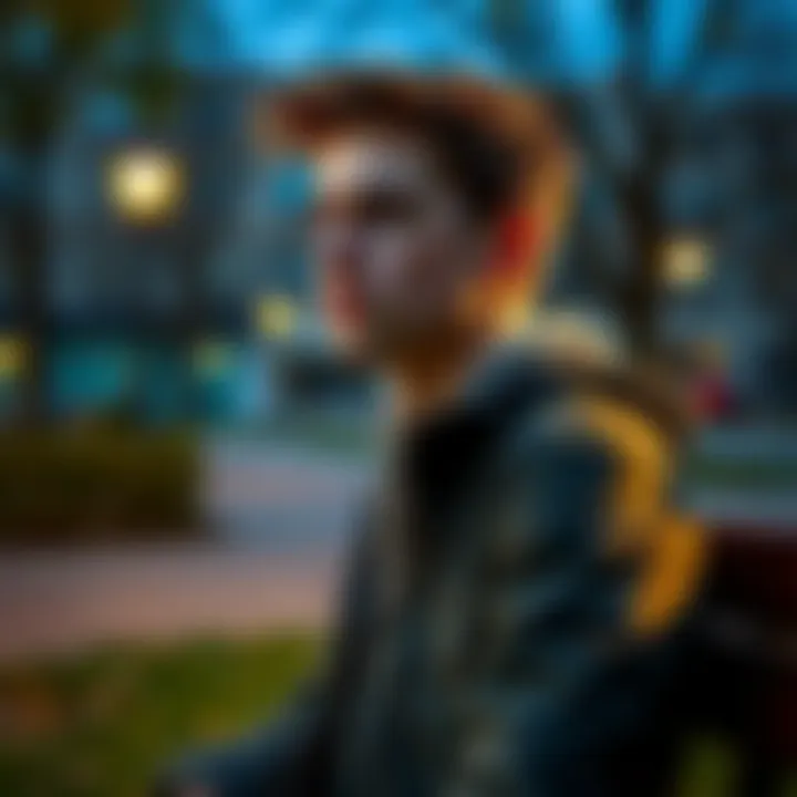 A 20-year-old man sitting on a park bench, looking pensive and contemplating his relationship status