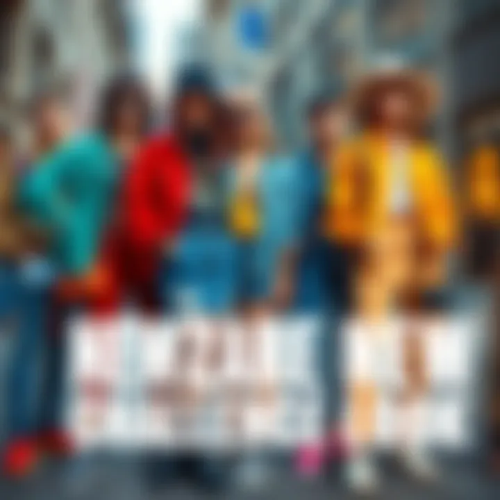 A group of stylish young people wearing trendy outfits that represent the new challenge look, with bold colors and unique accessories, standing together in an urban setting.