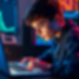 Young person exploring cryptocurrency A young person looking at a laptop displaying cryptocurrency charts and graphs, interested in learning about digital currency.
