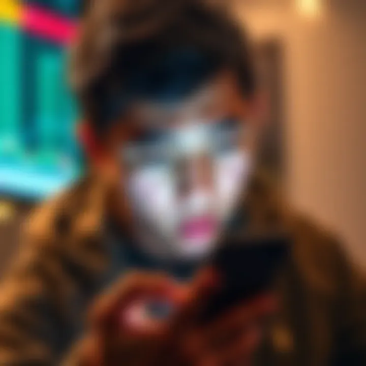 A young person looking at a smartphone displaying cryptocurrency charts, reflecting financial struggles and investment in digital assets