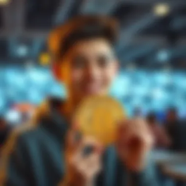 A 22-year-old smiles while holding a Bitcoin symbol, showing their achievement of accumulating cryptocurrency.