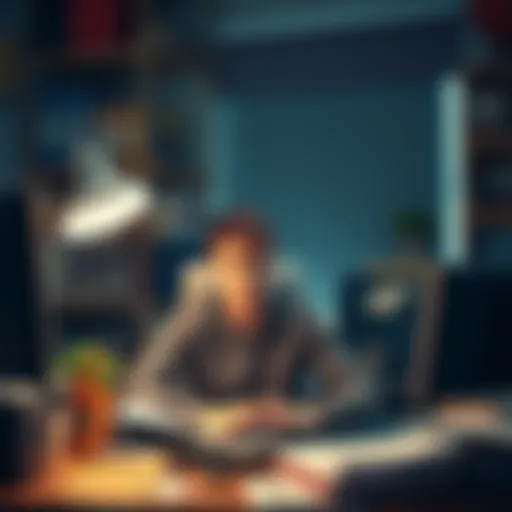 A young man sitting at a cluttered desk, looking frustrated and tired after long hours of work.