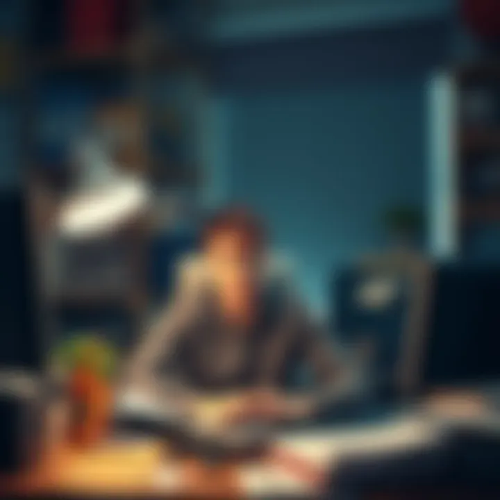 A young man sitting at a cluttered desk, looking frustrated and tired after long hours of work.