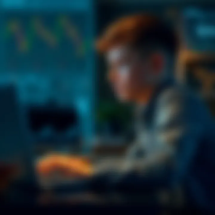 A 15-year-old sitting at a desk with a laptop, looking thoughtful about trading in financial markets.