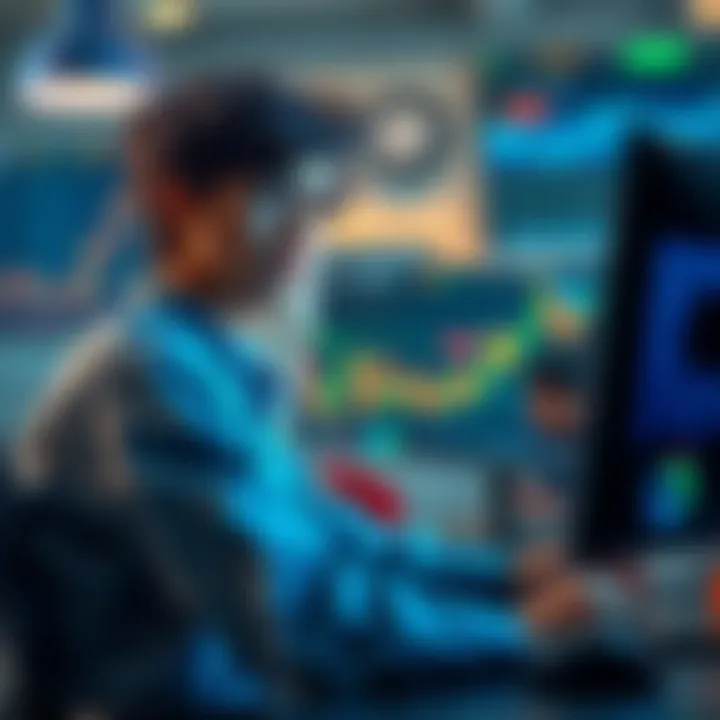 An 18-year-old trader sits in front of a computer looking concerned while reviewing crypto charts and seeking guidance on scalping strategies from experienced traders.