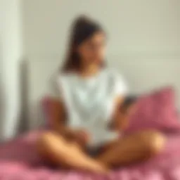 A 21-year-old woman sitting on a bed, looking thoughtful and concerned about her unexpected pregnancy while holding a phone and looking for support.
