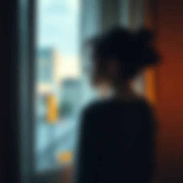 A young woman looking pensively out a window, contemplating her childhood experiences and emotional struggles.