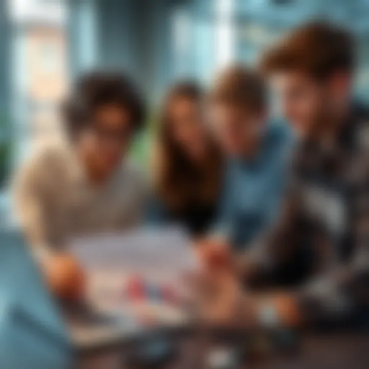 A group of young adults discussing investment strategies while looking at charts and graphs on a laptop