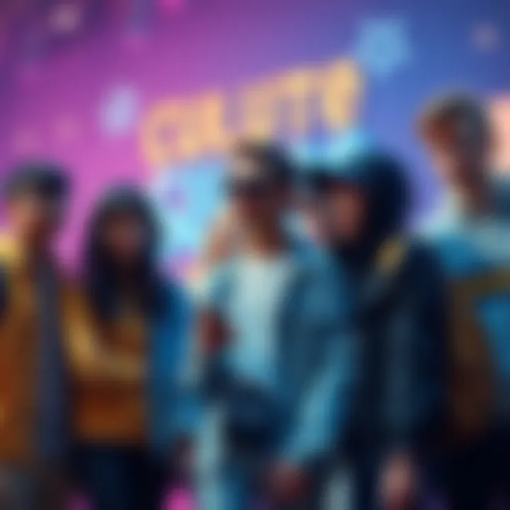 A group of young people wearing trendy clothes, expressing their individuality through fashion and communication, showcasing vibrant youth culture.
