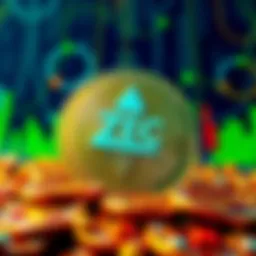 A graphical representation of ZEC cryptocurrency with digital coins and a blockchain background