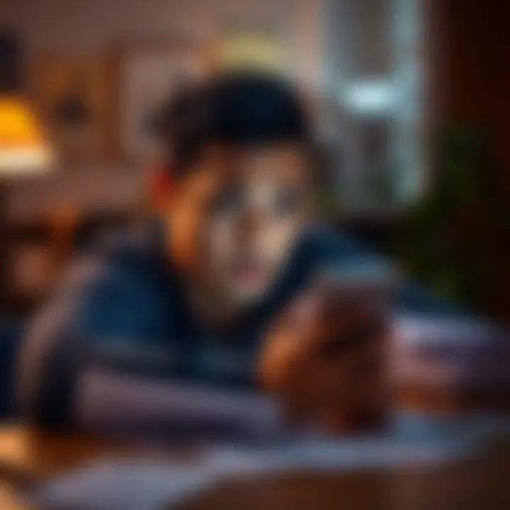 A concerned person looking at their phone with worried expression while sitting at a table surrounded by papers, indicating a financial issue.