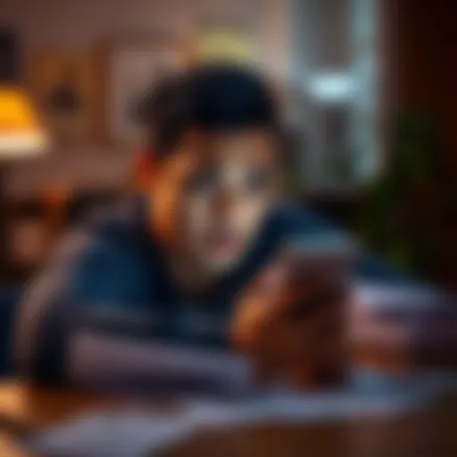 User worried about Zelle transaction A concerned person looking at their phone with worried expression while sitting at a table surrounded by papers, indicating a financial issue.