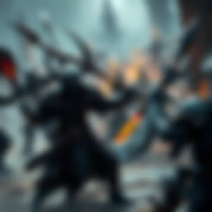 Zentarim and Drow Clash in Mantol-Derith Zentarim warriors face off against Drow fighters in a tense battle scene in Mantol-Derith, with hints of Duergar and deep gnomes in the background preparing for conflict.