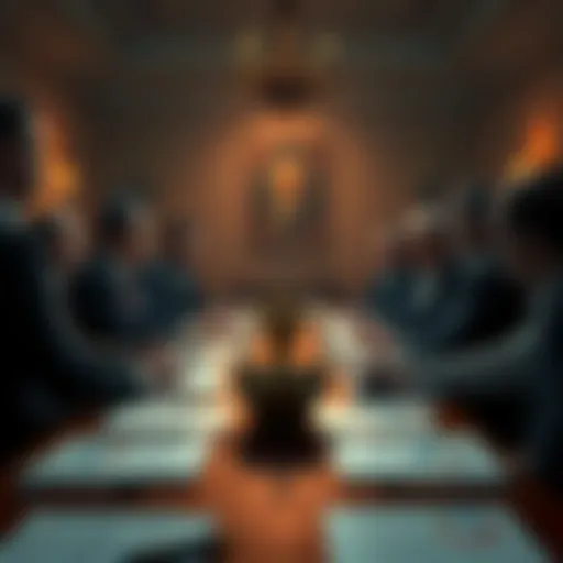 A discreet meeting of individuals in formal attire, discussing financial matters around a table with documents and charts, hinting at hidden connections to wealth and influence
