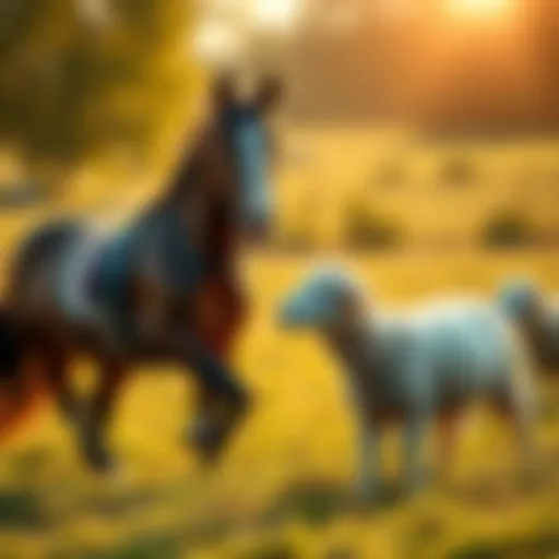 Zorro the horse plays with his sheep friends Ozzy and Freddie in a sunny field, showing affection and joy.
