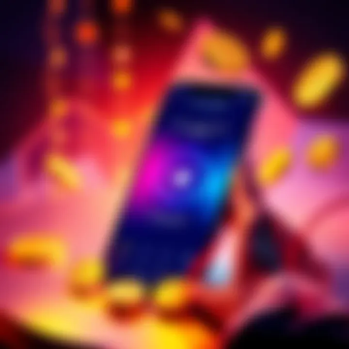 A smartphone displaying the Zyra Network app interface, showing a simple button to earn crypto with one tap, surrounded by coins and rewards symbols.